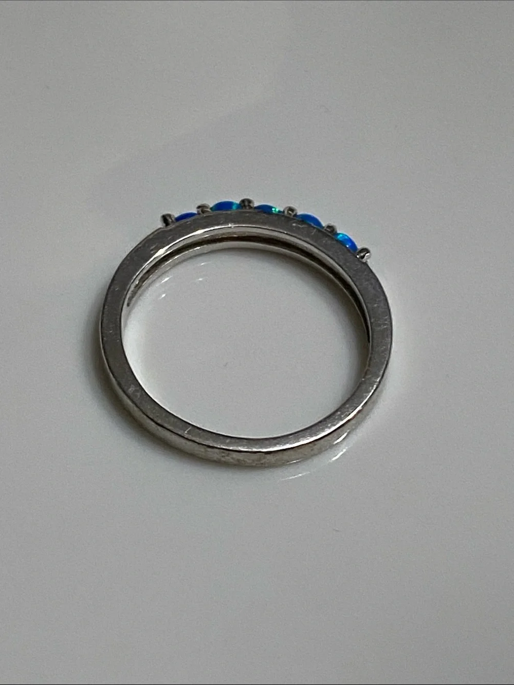 Blue Opal Row Stainless Steel Band Ring